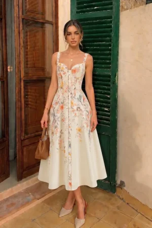 Floral Bird Print Bustier Strap Midi Dress