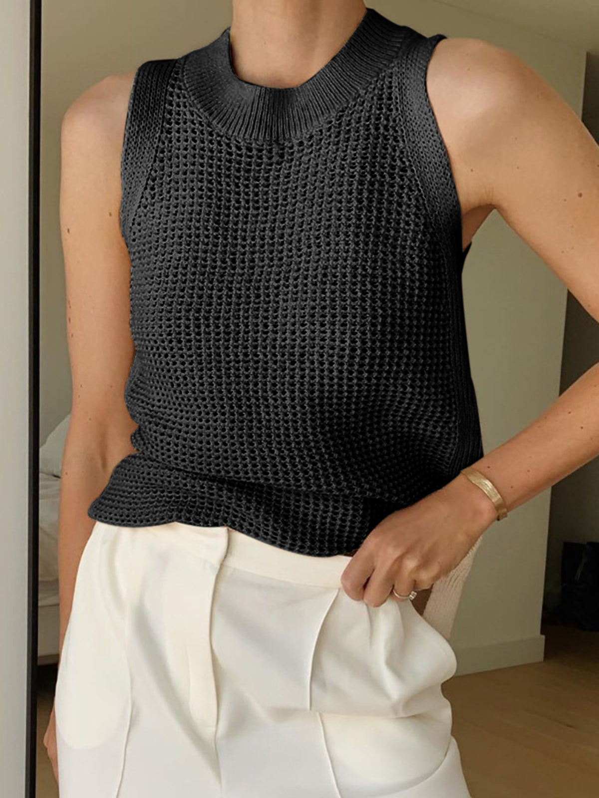 Knit Hollow Solid Tank Top - Image 4