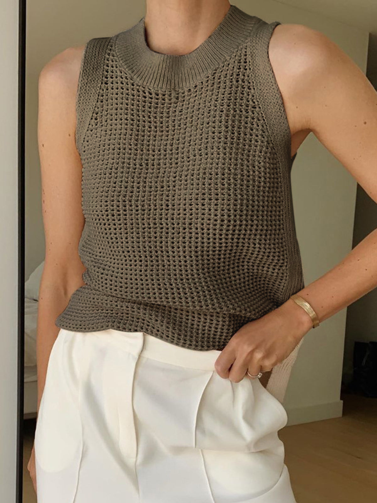 Knit Hollow Solid Tank Top - Image 5