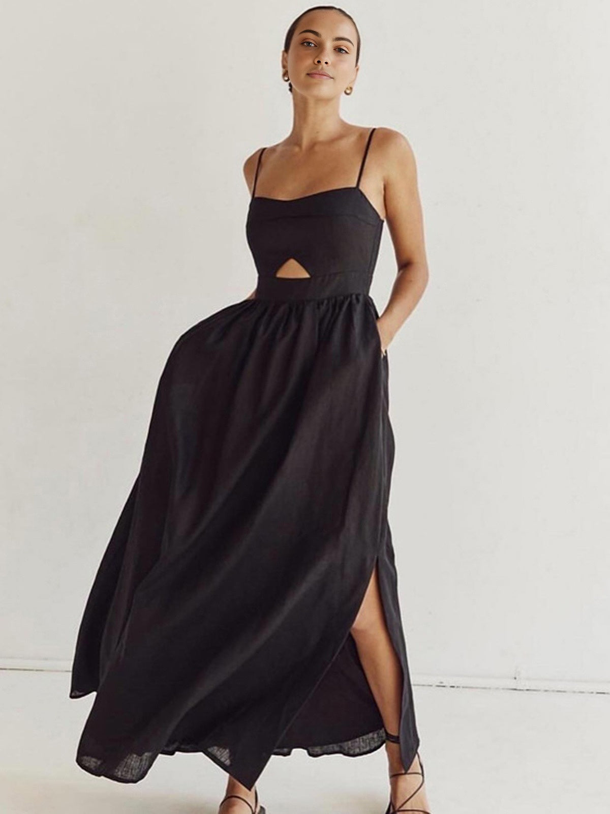 Cotton Sleeveless Pockets Cutout Long Dress - Image 3