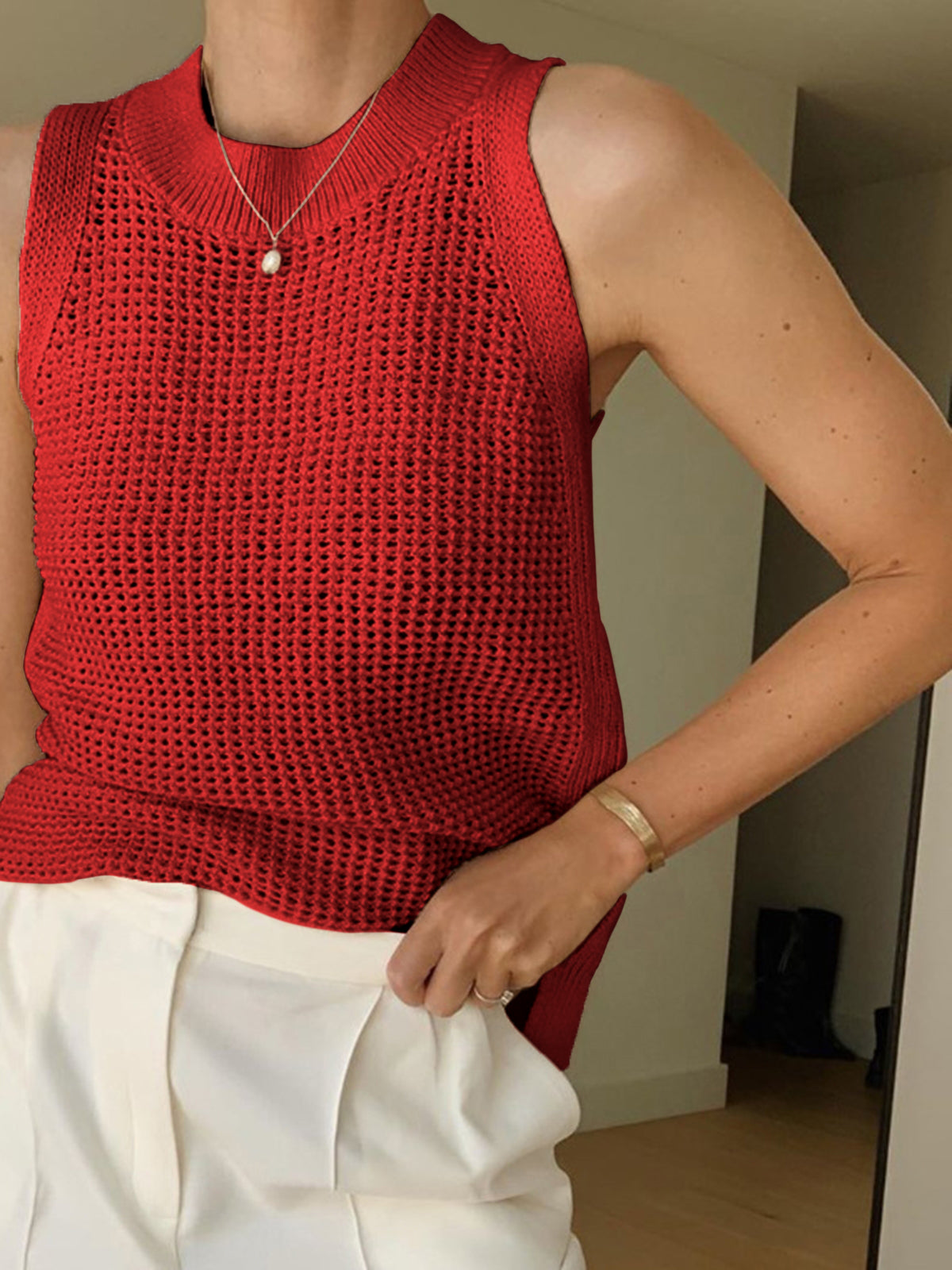 Knit Hollow Solid Tank Top - Image 6