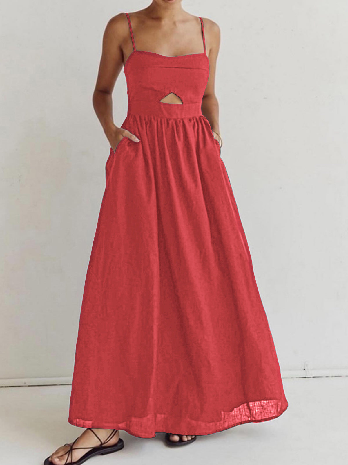 Cotton Sleeveless Pockets Cutout Long Dress - Image 9