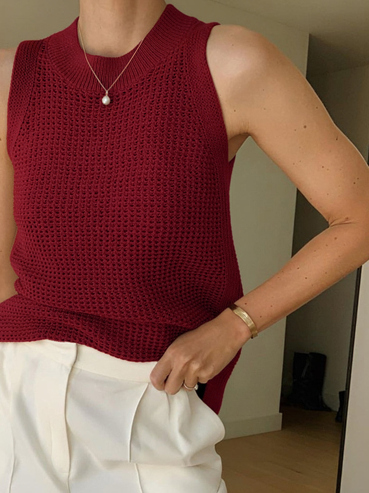 Knit Hollow Solid Tank Top - Image 11