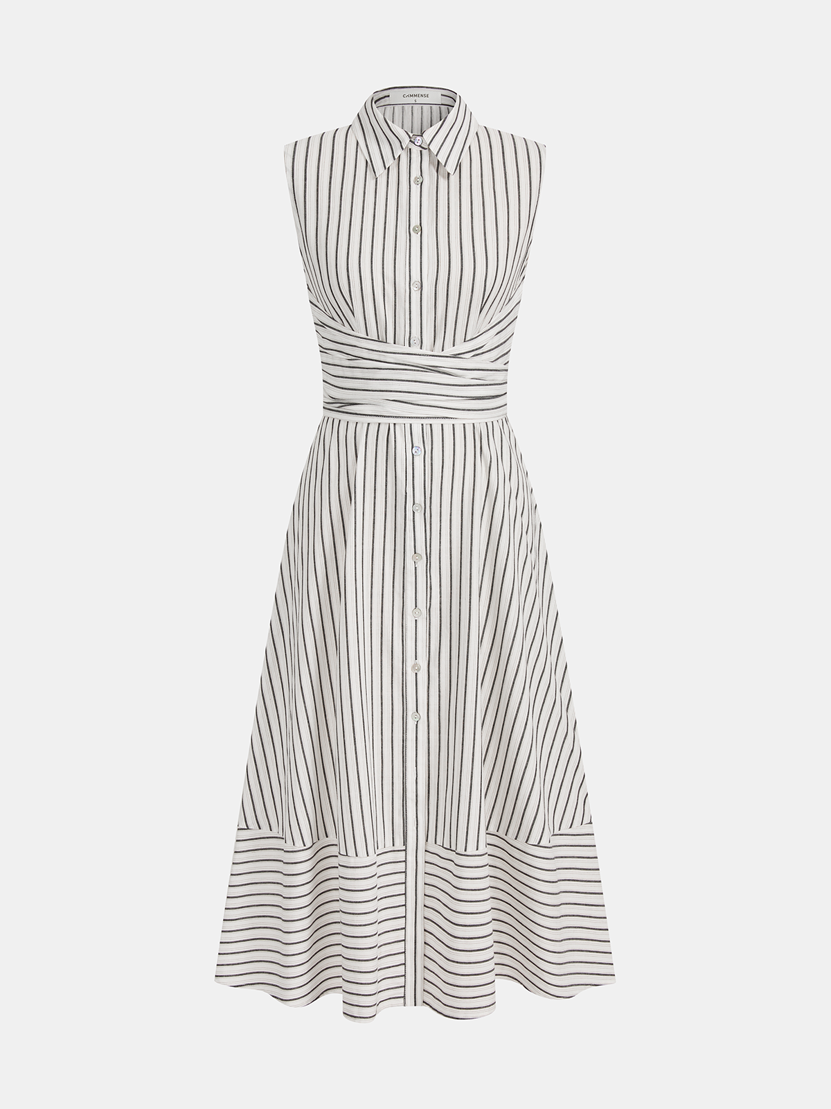 Striped Collared Sleeveless Tie Waist Midi Dress - Image 2