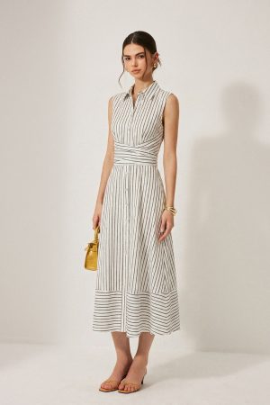 Striped Collared Sleeveless Tie Waist Midi Dress