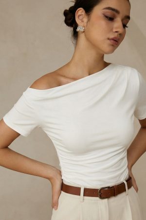 Ruched Off Shoulder Slim Short Sleeve Top