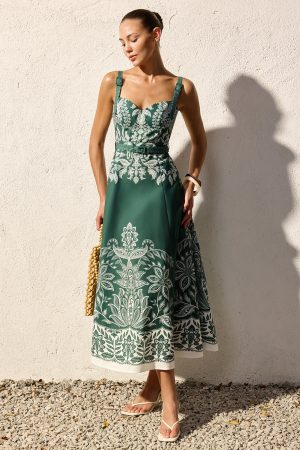Baroque Floral Print Belted Cami Maxi Dress