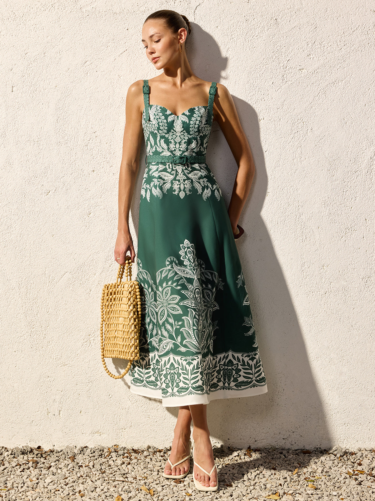 Baroque Floral Print Belted Cami Maxi Dress - Image 4