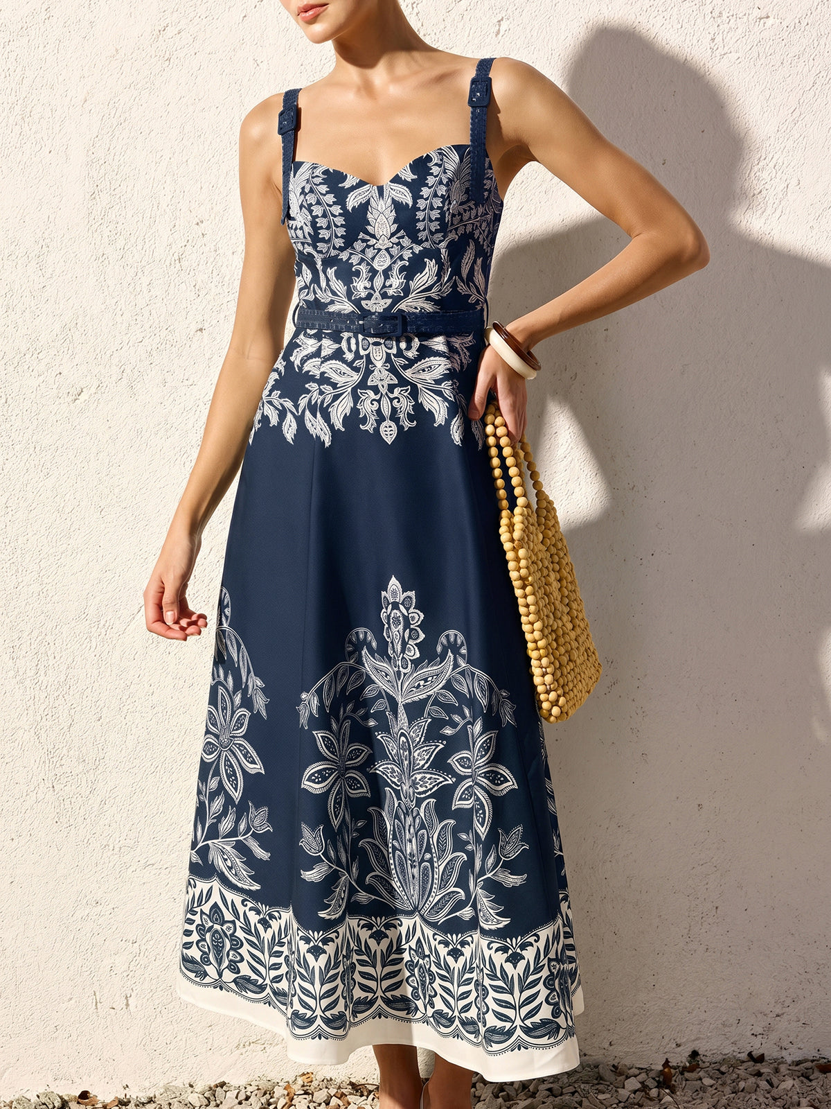 Baroque Floral Print Belted Cami Maxi Dress - Image 9
