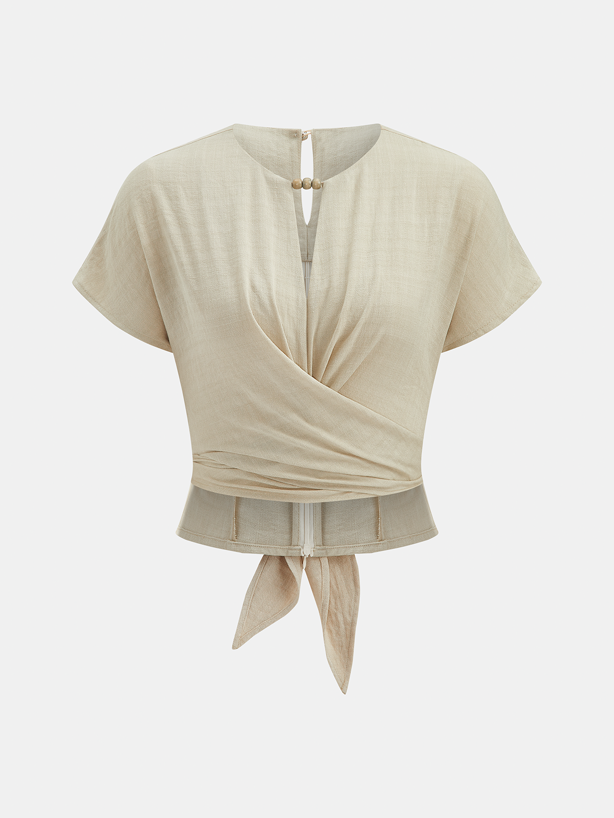 Tie-Back Wrap Crop Short Sleeve Blouse - Image 2