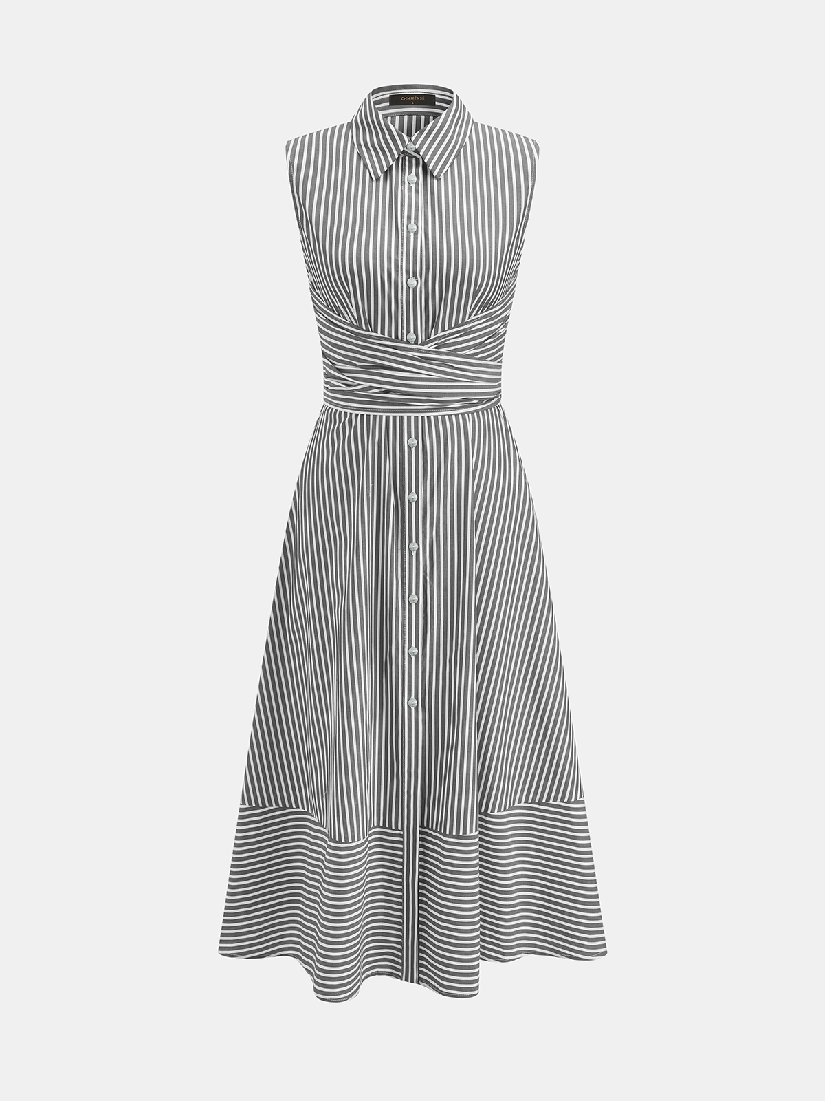 Striped Collared Sleeveless Tie Waist Midi Dress - Image 10
