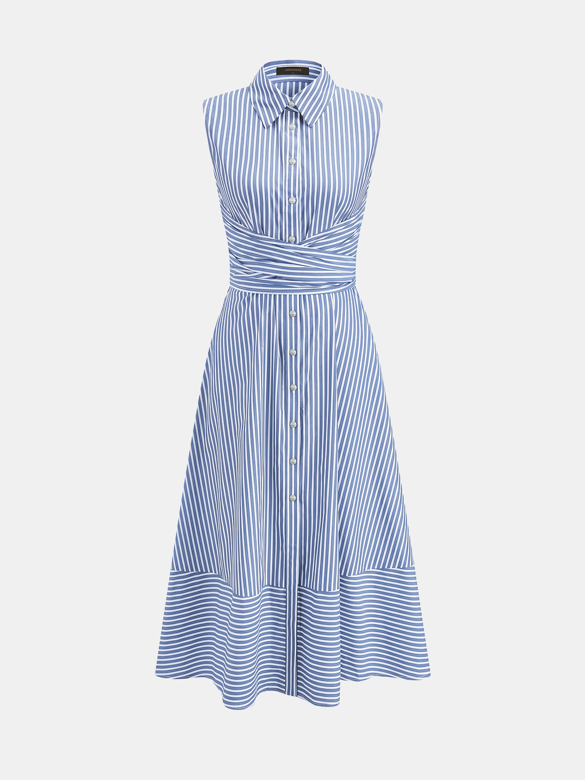 Striped Collared Sleeveless Tie Waist Midi Dress - Image 15