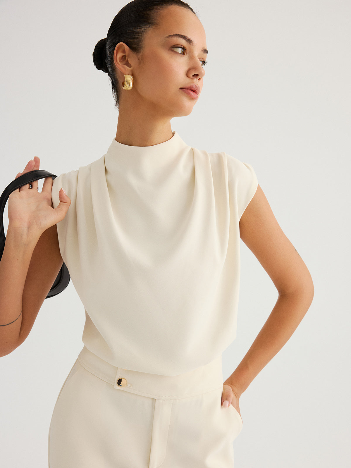 Draped High-Neck Cap Sleeve Blouse