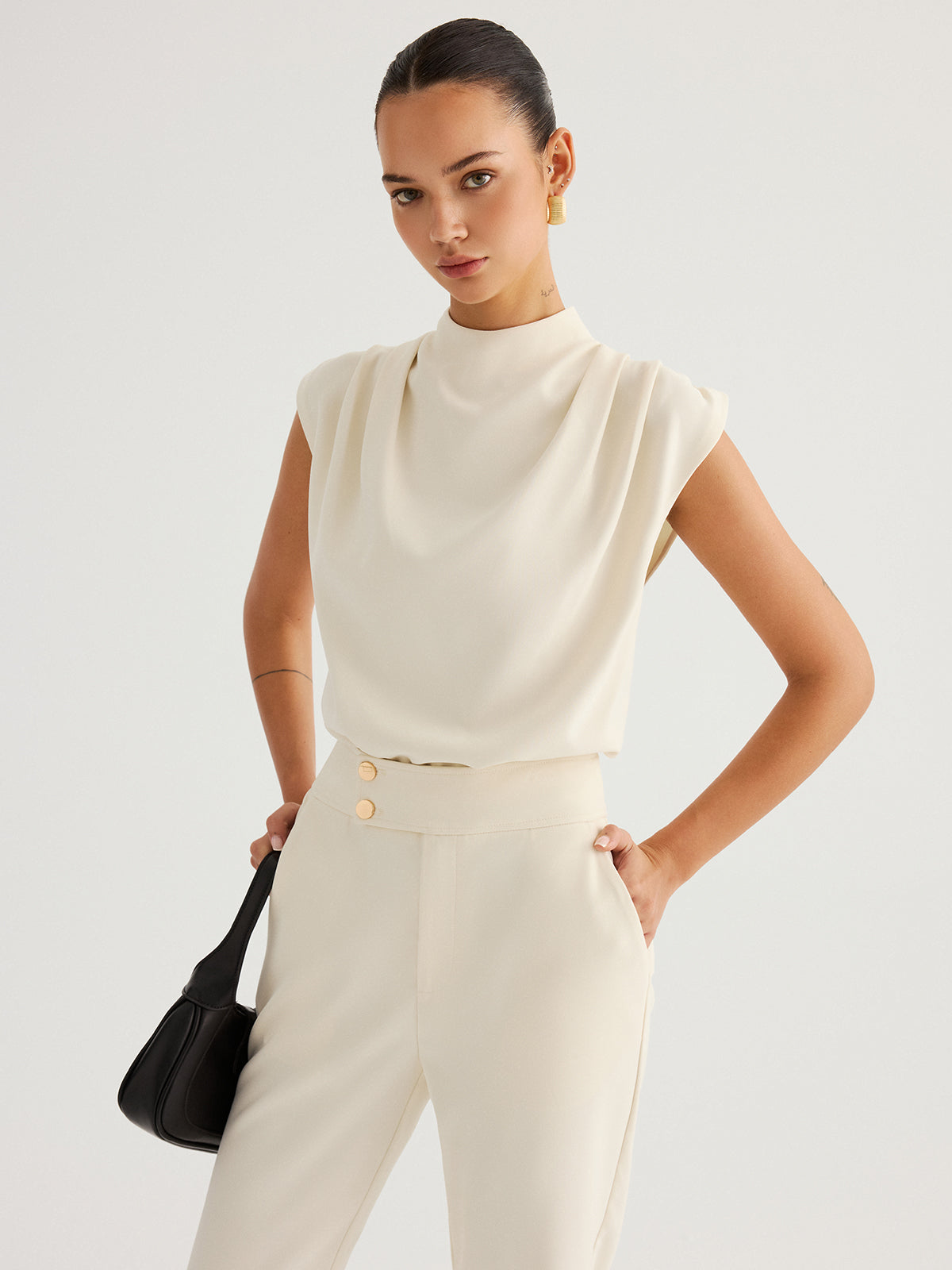 Draped High-Neck Cap Sleeve Blouse - Image 2