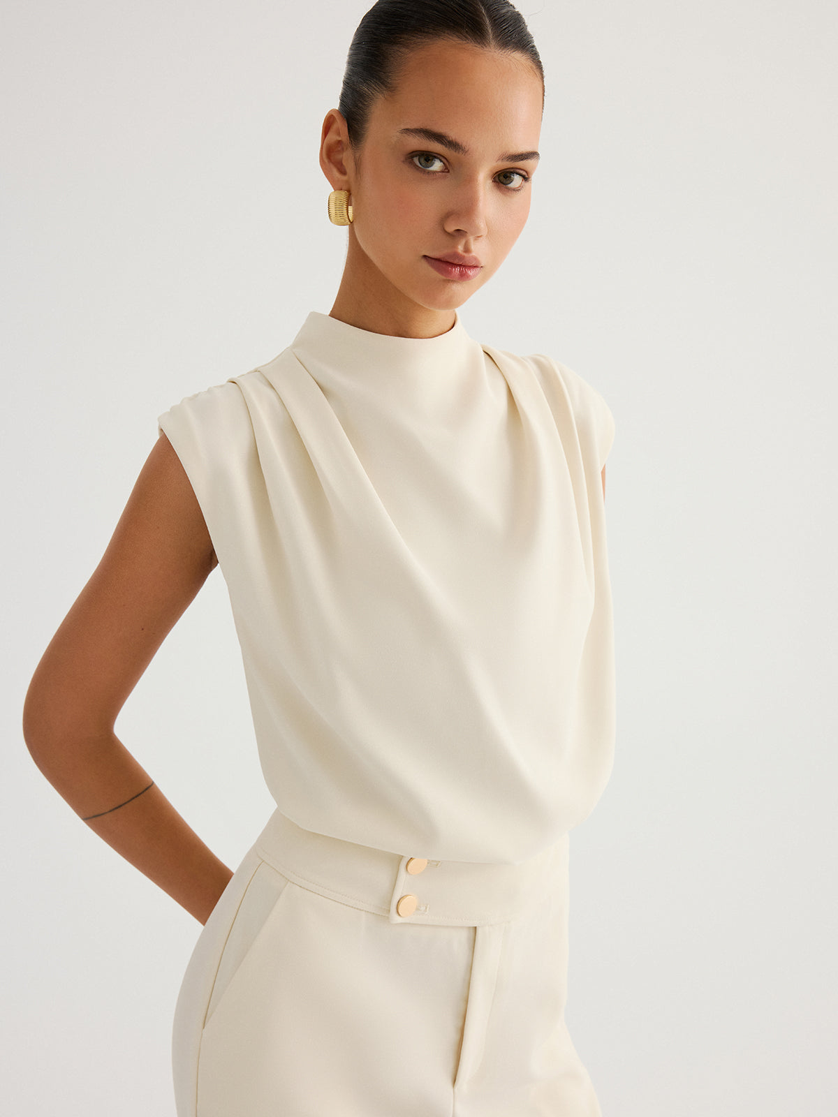 Draped High-Neck Cap Sleeve Blouse - Image 4