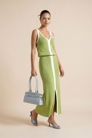 Contrast Trim Slit-Front Ribbed Knit Maxi Dress