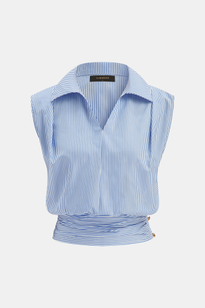 Striped Collared Sleeveless Cinched Blouse