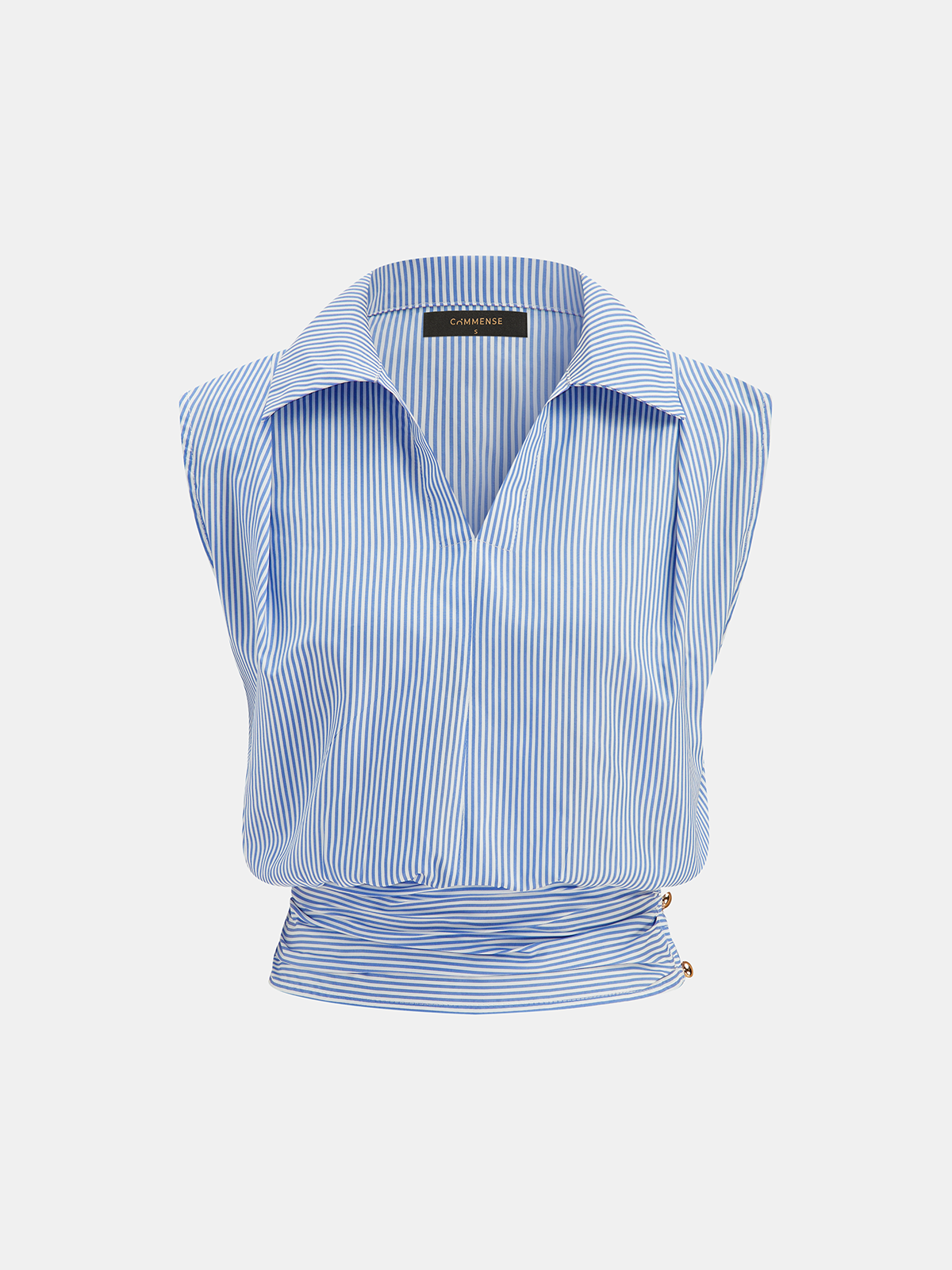 Striped Collared Sleeveless Cinched Blouse
