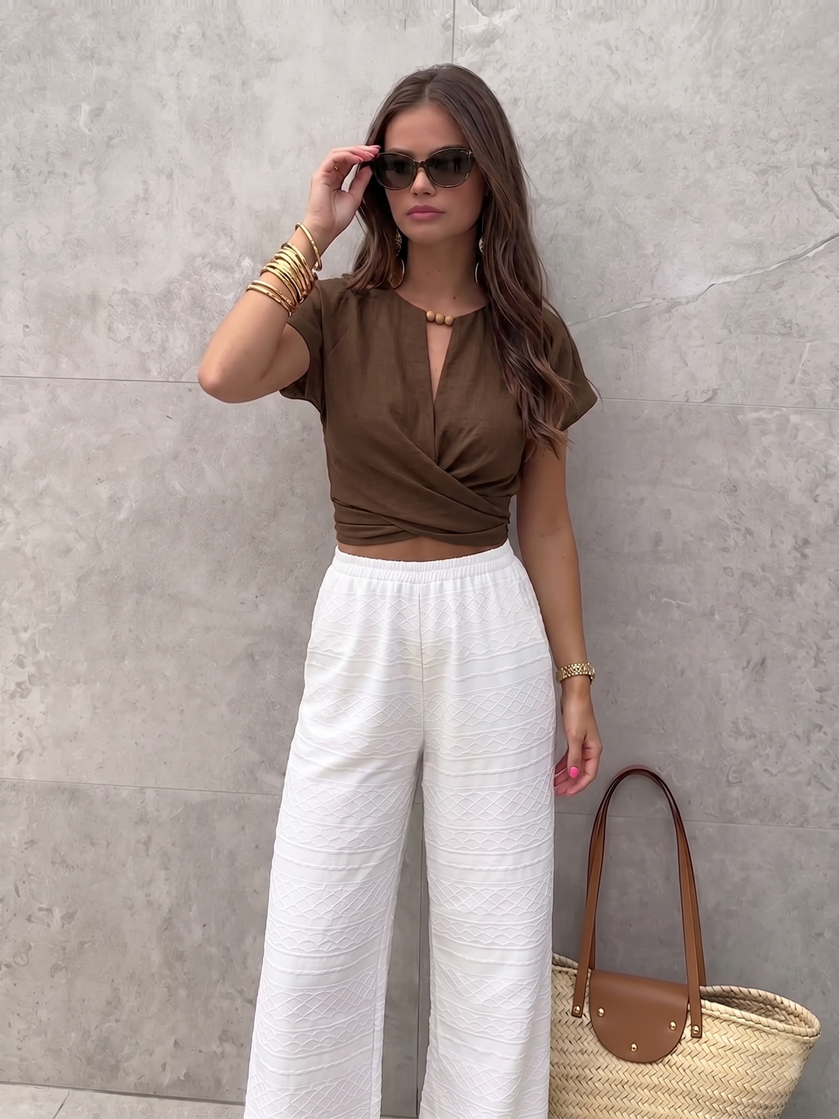 Tie-Back Wrap Crop Short Sleeve Blouse - Image 7