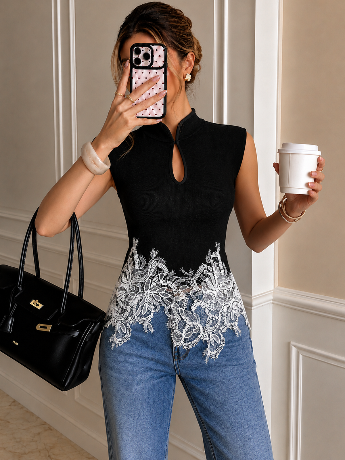 Keyhole Neck Lace Hem Tank Top