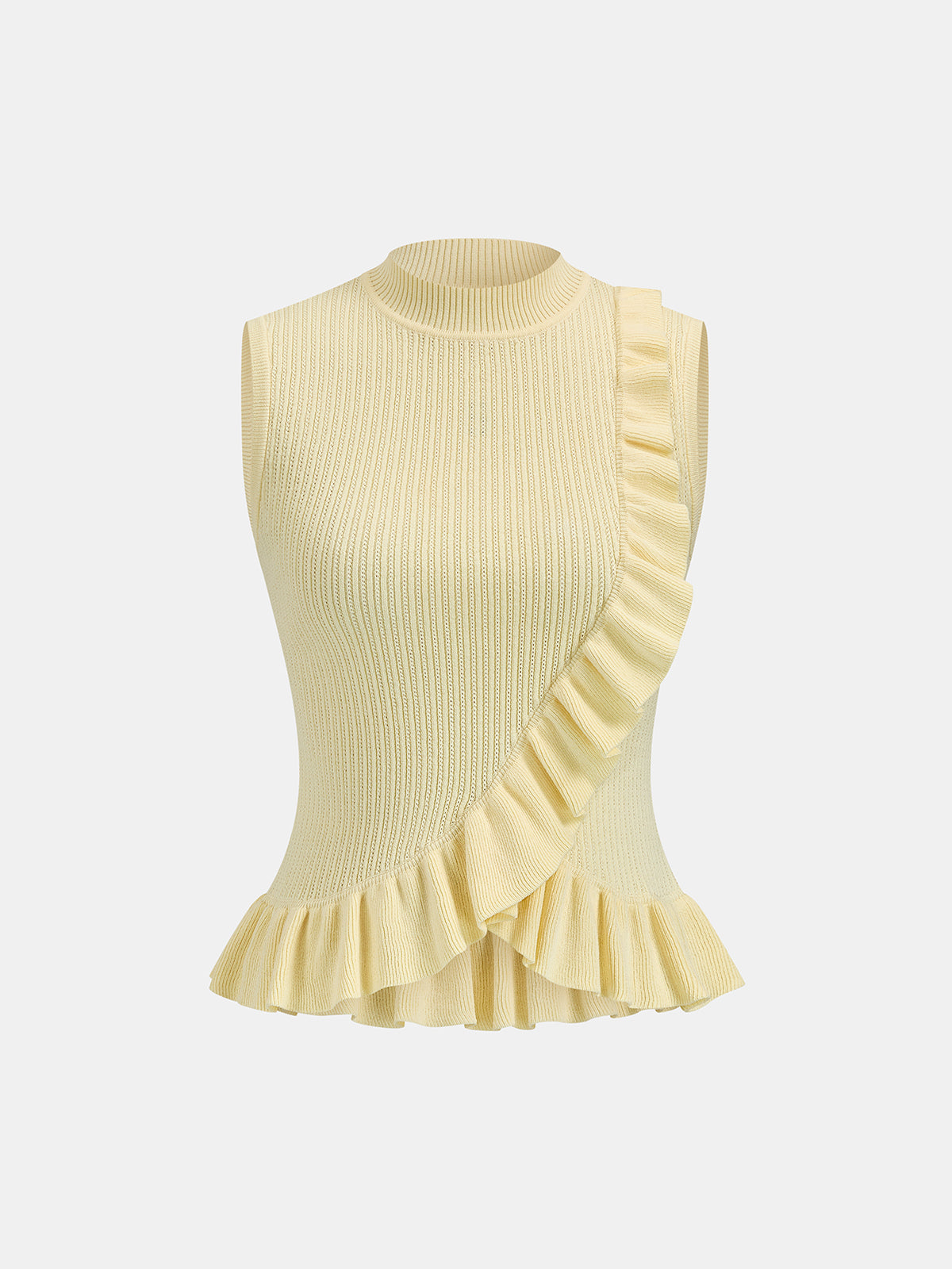 Ribbed High Neck Ruffle Sleeveless Top - Image 2