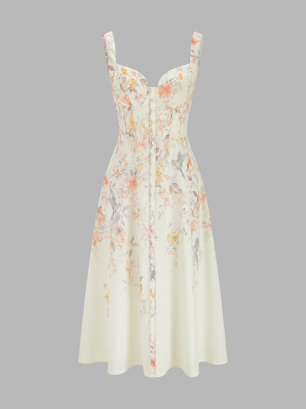 Floral Bird Print Bustier Strap Midi Dress - Image 2
