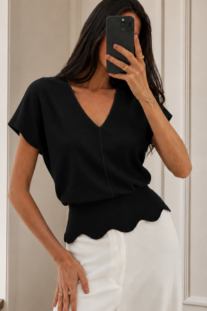 V-Neck Scalloped Hem Knit Top