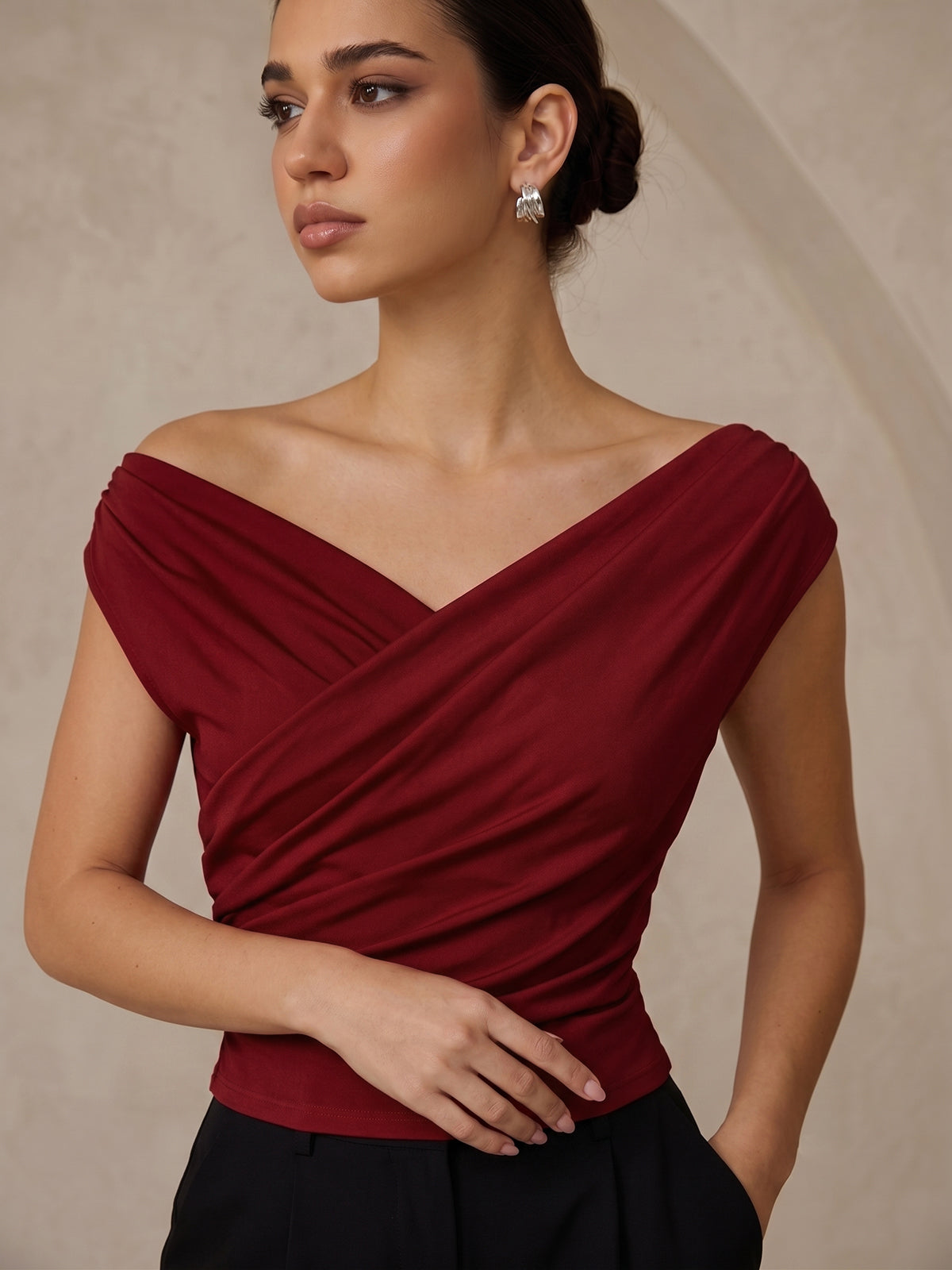 Asymmetric Neckline Ruched Blouse - Image 8