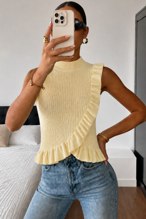 Ribbed High Neck Ruffle Sleeveless Top