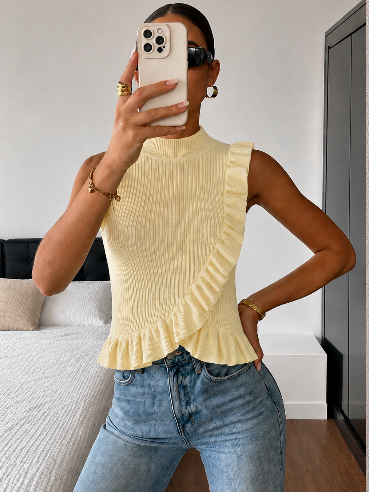 Ribbed High Neck Ruffle Sleeveless Top