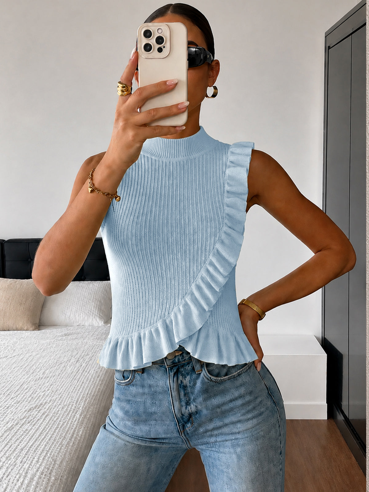 Ribbed High Neck Ruffle Sleeveless Top - Image 7