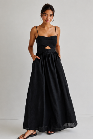 Cotton Sleeveless Pockets Cutout Long Dress
