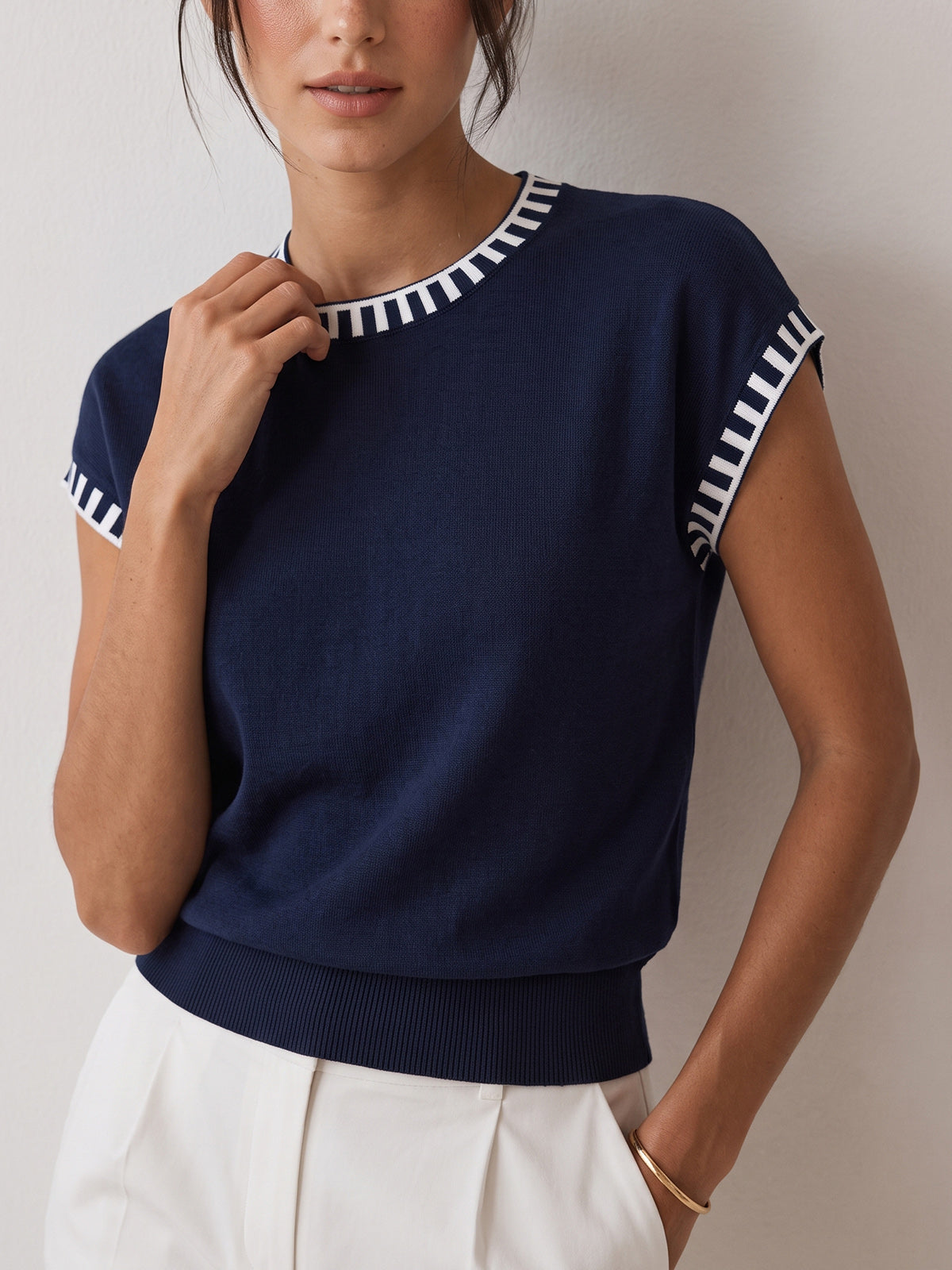 Contrast Trim Cap Sleeve Knit Top - Image 6