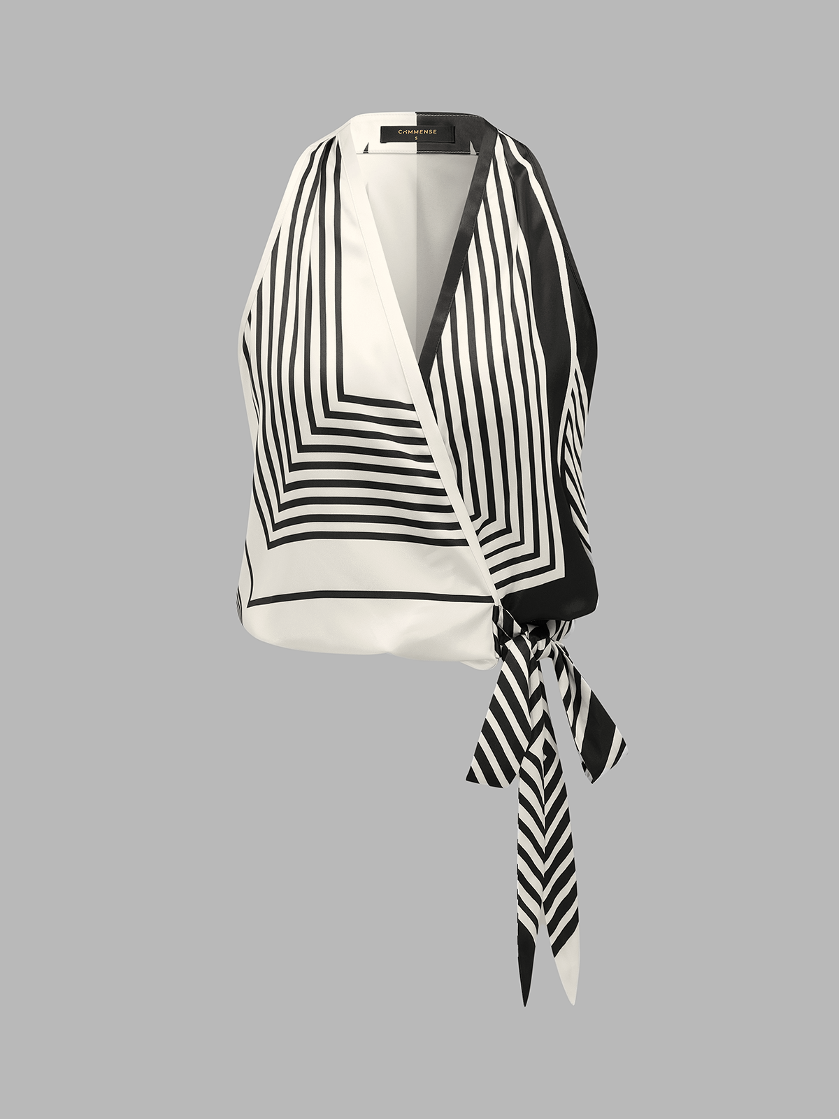 Geometric Stripe Halter Wrap Tie Satin Top - Image 2