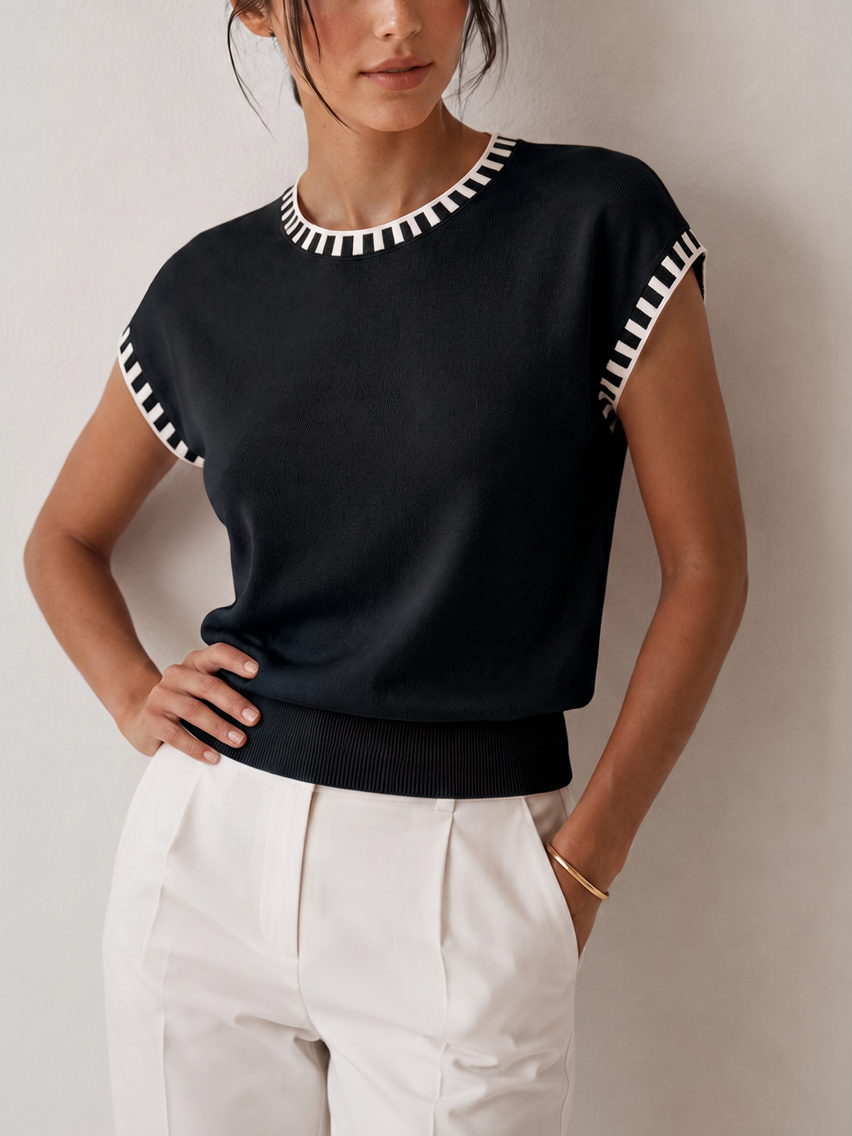 Contrast Trim Cap Sleeve Knit Top - Image 7