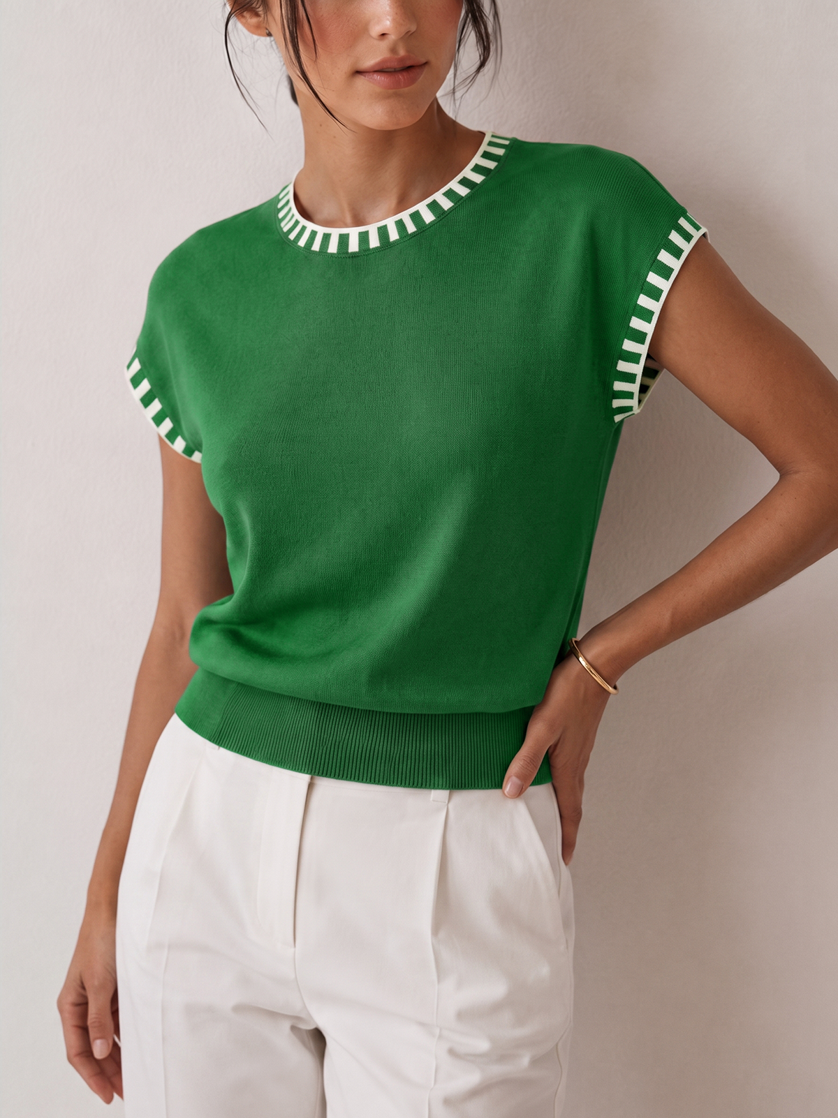 Contrast Trim Cap Sleeve Knit Top - Image 8