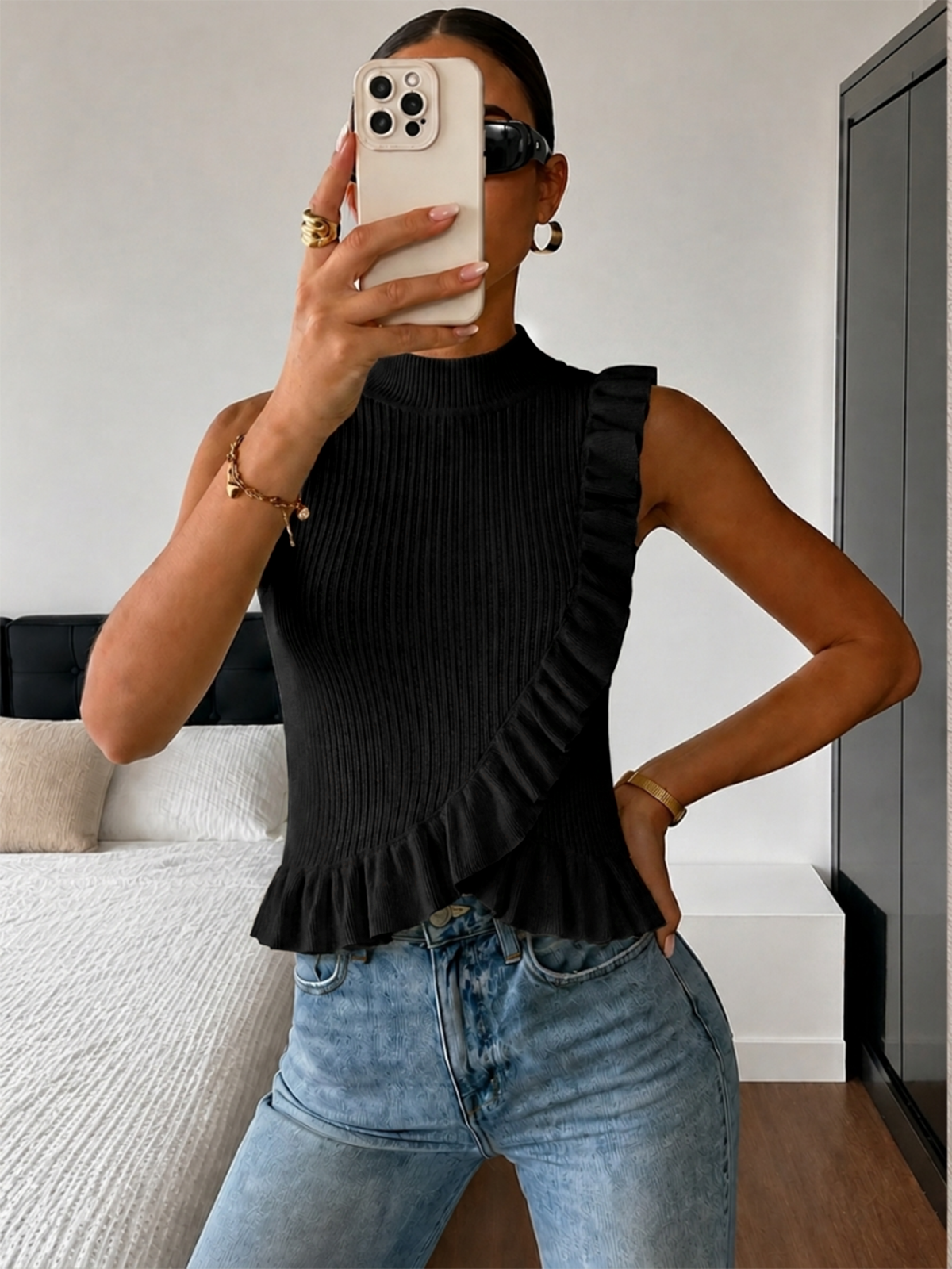 Ribbed High Neck Ruffle Sleeveless Top - Image 8