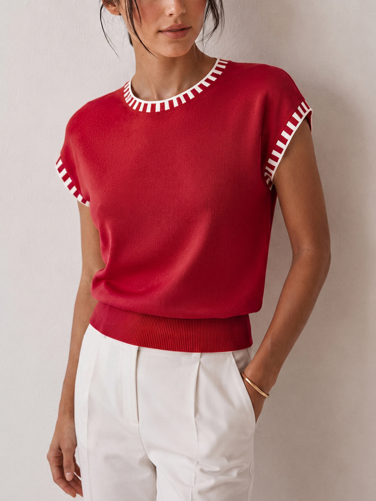 Contrast Trim Cap Sleeve Knit Top - Image 10