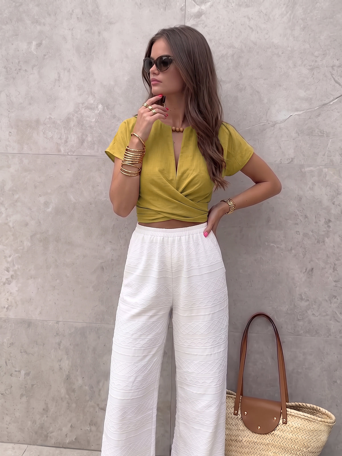 Tie-Back Wrap Crop Short Sleeve Blouse - Image 9