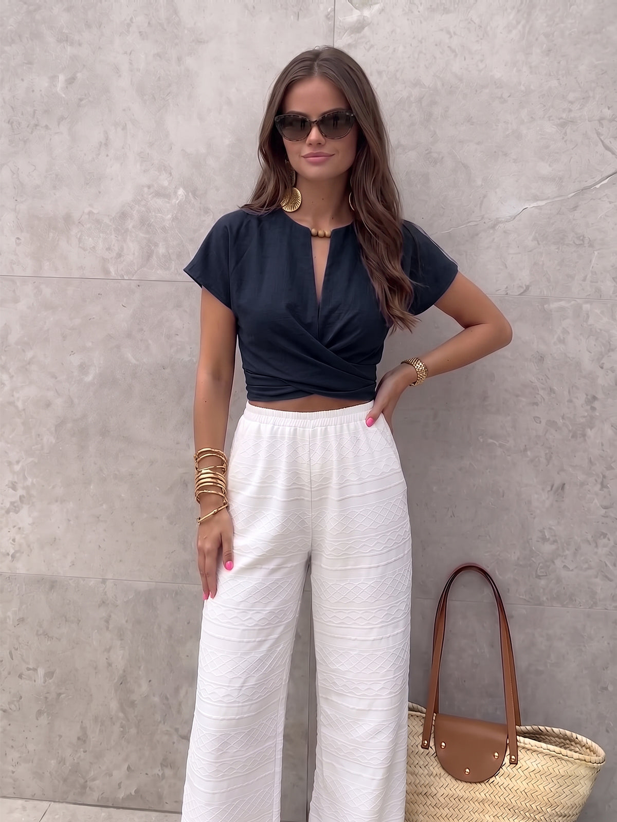 Tie-Back Wrap Crop Short Sleeve Blouse - Image 10